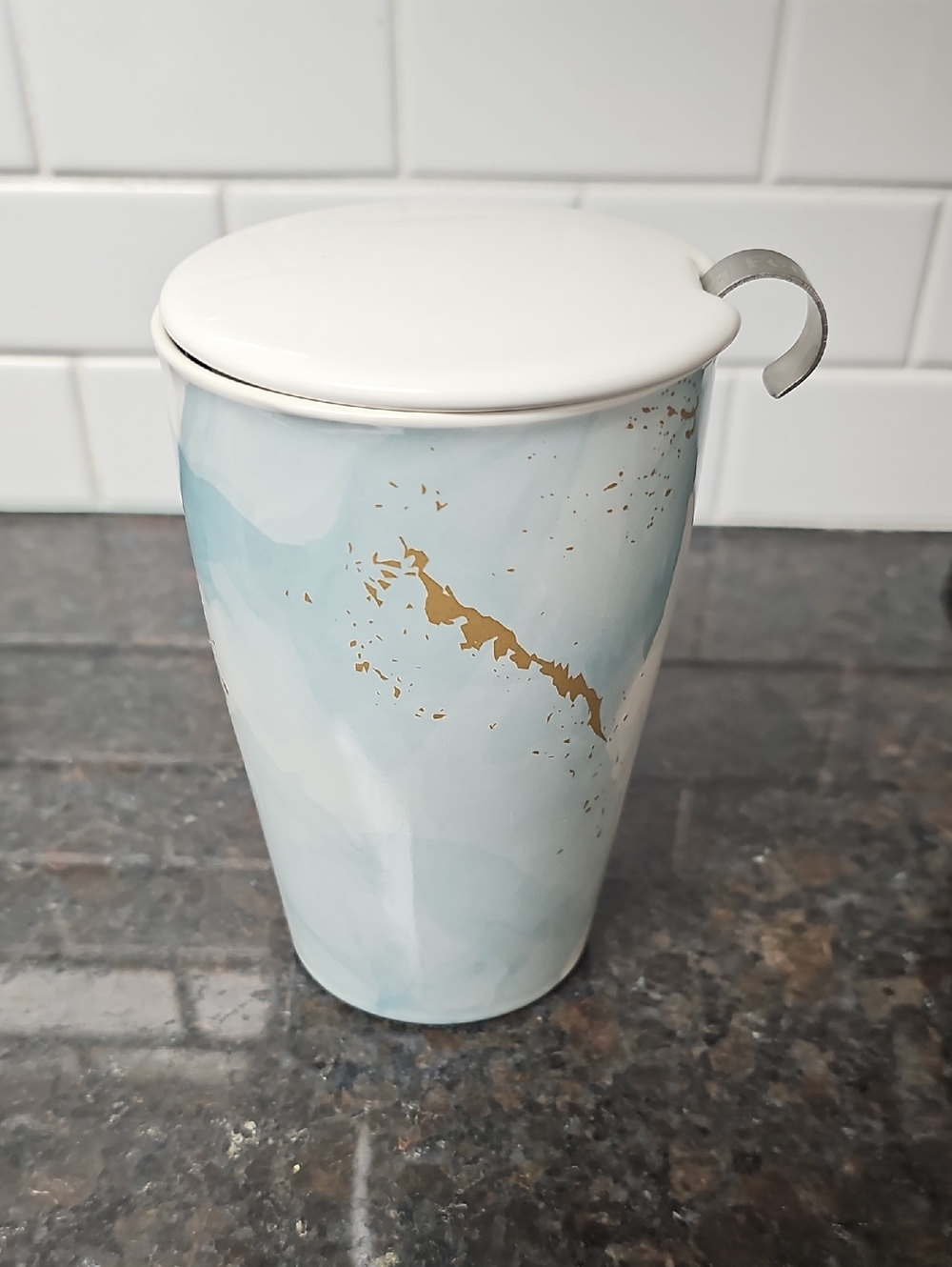 Ceramic Blue Marble Travel Mug with Lid and Gold Accent
